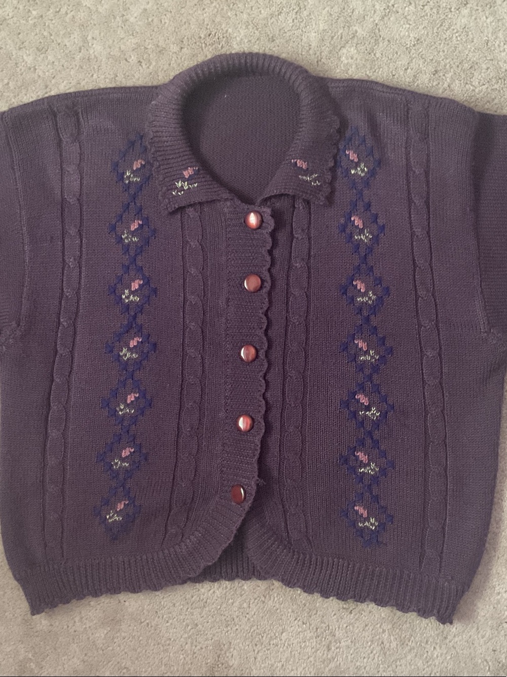 Classic Purple Knit Cardigan Sweater with Embroidered Details
